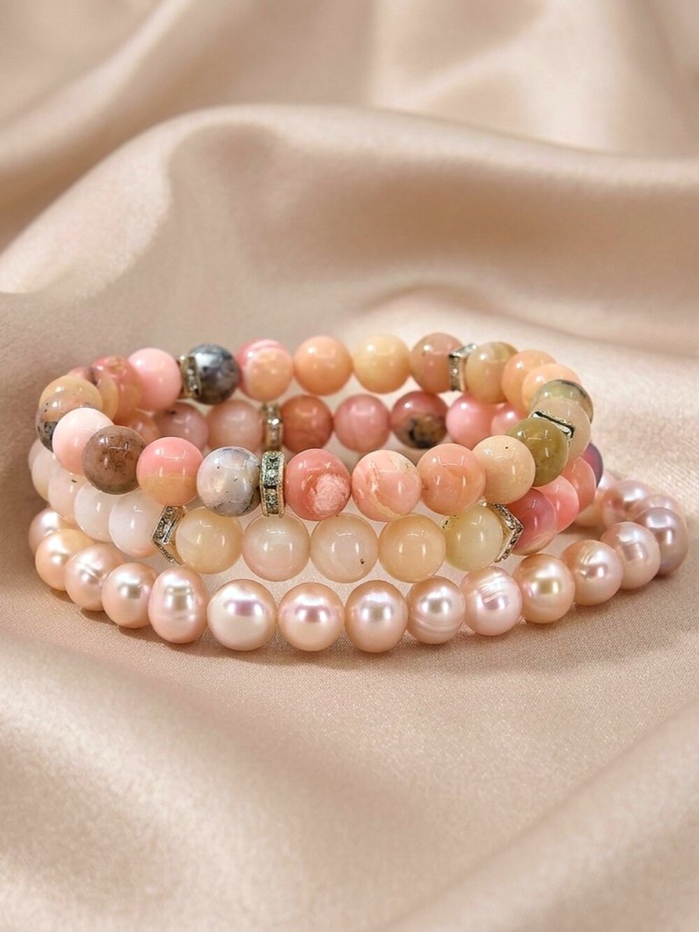 Pink Opal & Pearl Bracelet Set, Dainty Gemstone Stretch Bracelets, Jewelry Gift